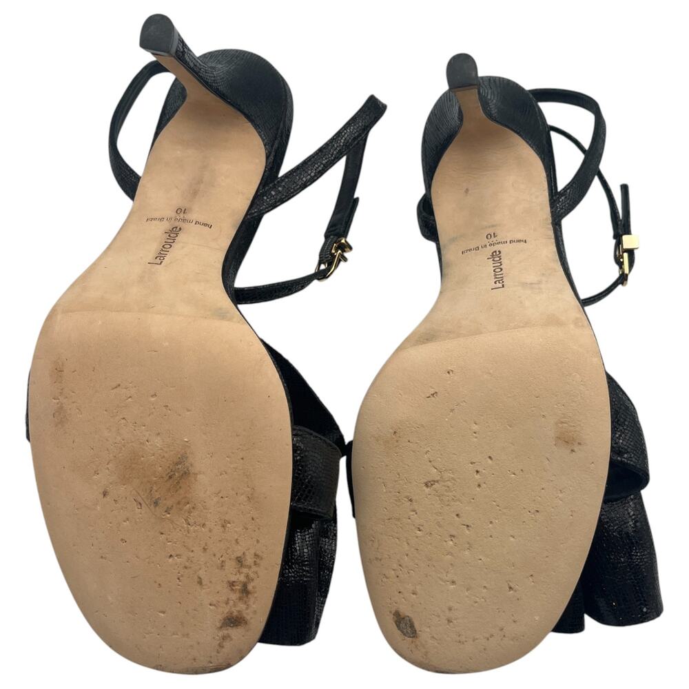 Larroude Penelope Ruffle Cracked Metallic Leather Heeled Sandals Black 10 - Picture 6 of 6